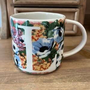 Anthropologie Home “Dawn” Monogram Mug Letter “L” Floral Blue Poppies Coffee